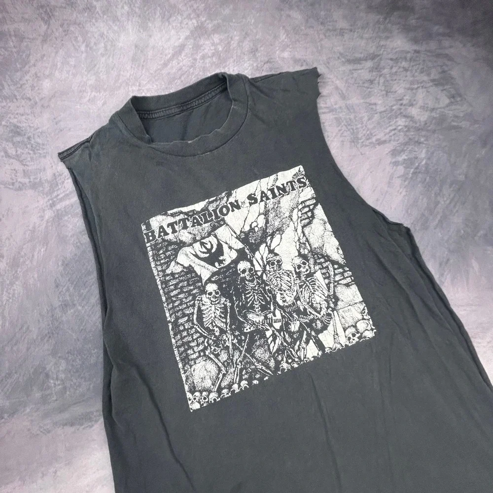 Vintage Battalion of Saints Muscle Tee Black Punk Rock Cutoff Shirt 90s Y2K